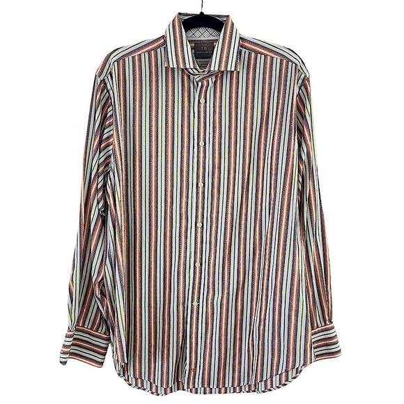 Thomas Dean Striped Shirt with Contrast Cuffs Size Large - Picture 1 of 6